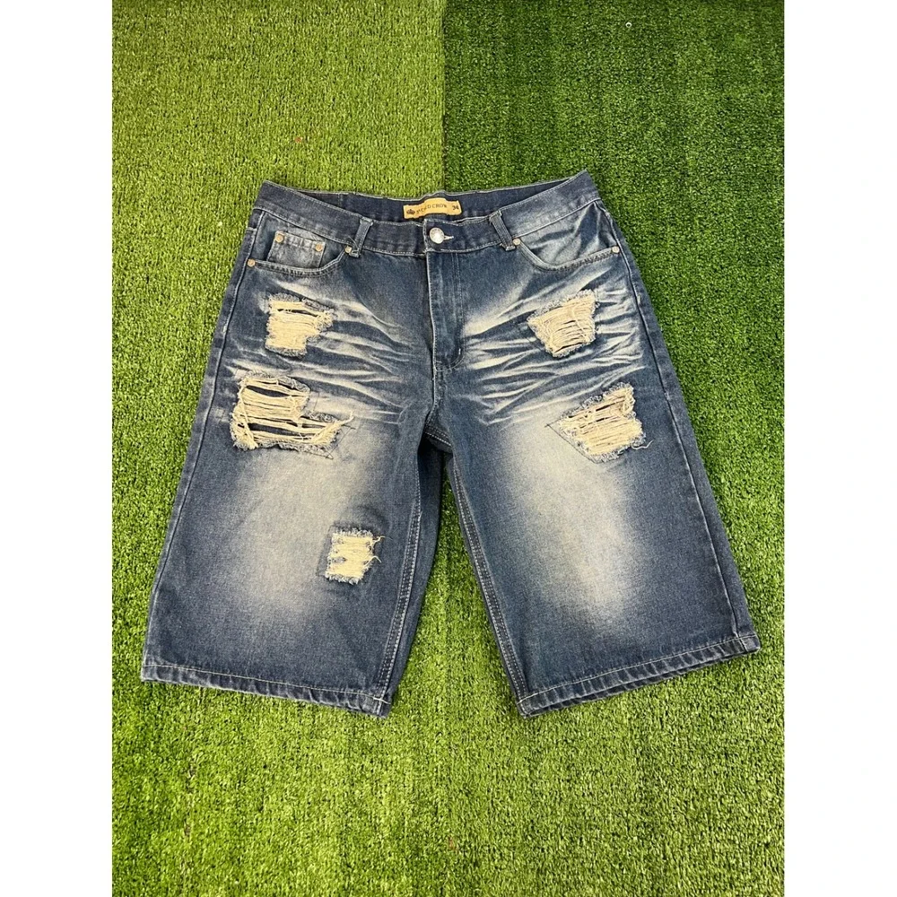 Sacred Crow Mens 34 Baggy Distressed Denim Jorts Blue Embroidered Y2K Streetwear
